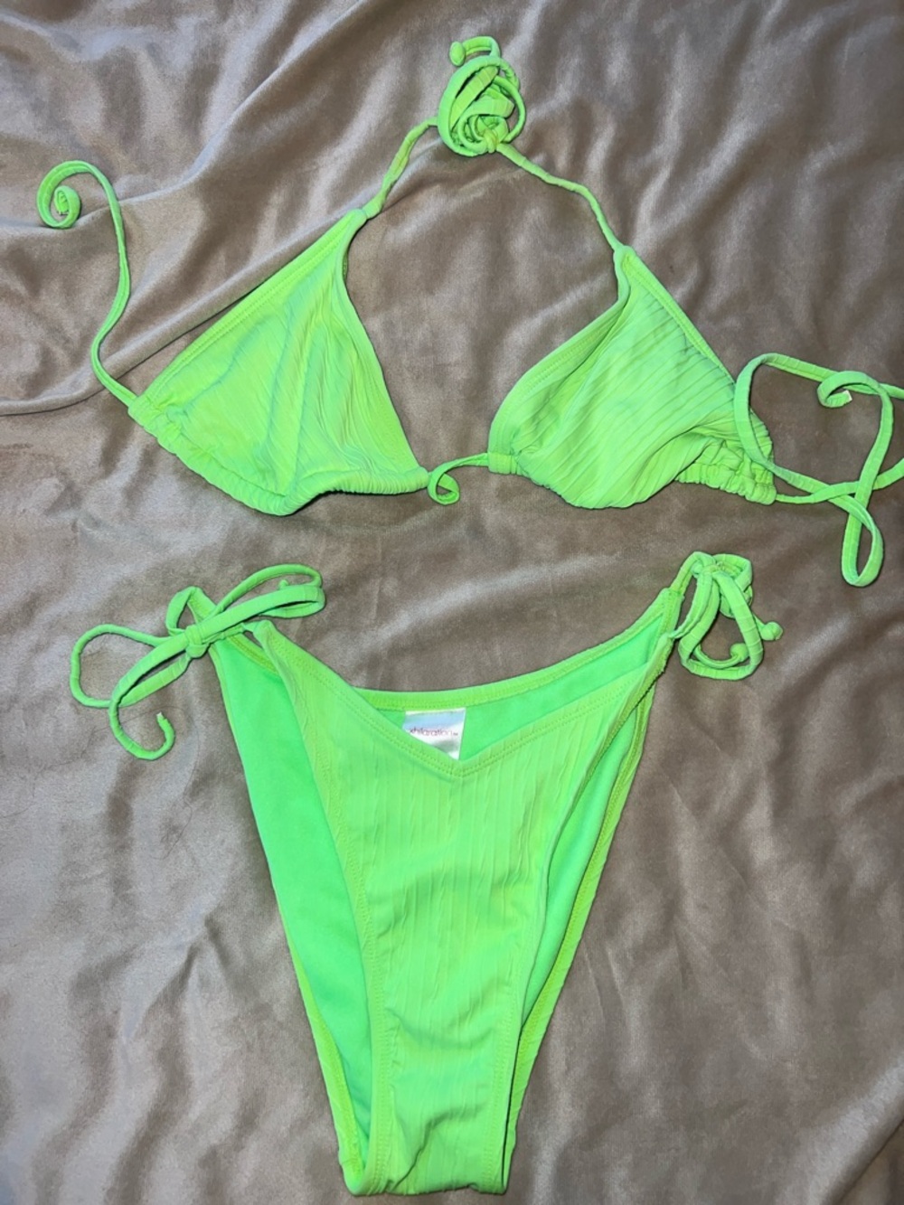 Neon Green Ribbed Triangle Tie Bikini